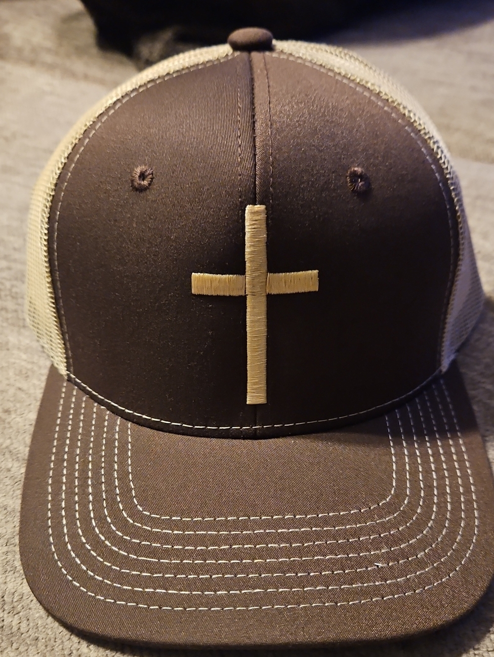 Brown Trucker Hat with Beige Cross